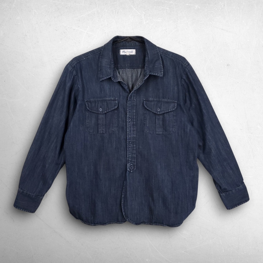 Madewell Denim Boyfriend Shirt Women L Dk Blue Button Down Tunic Utility Casual